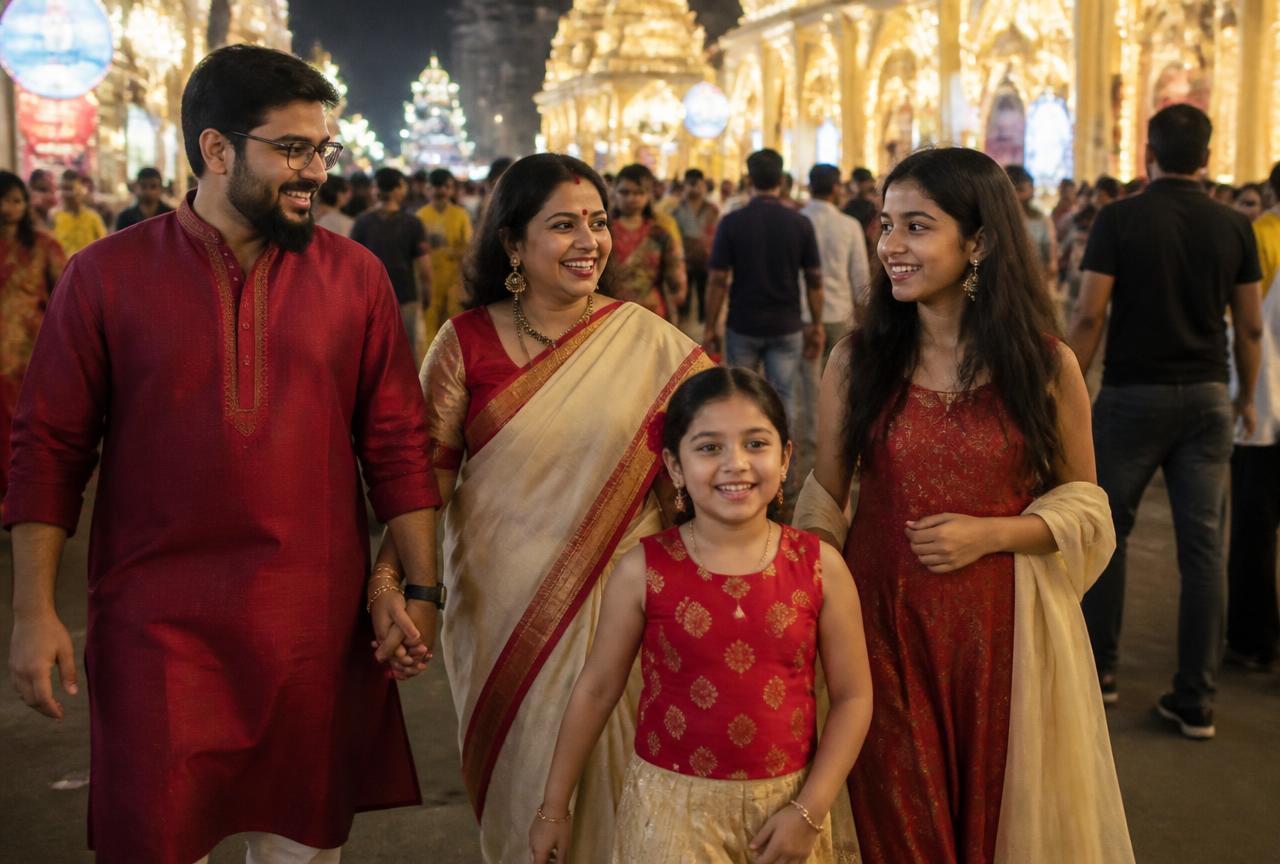 পুজোর সন্ধ্যায় হাসিমুখে ঠাকুর দেখতে বেরিয়েছে একটি বাঙালি পরিবার